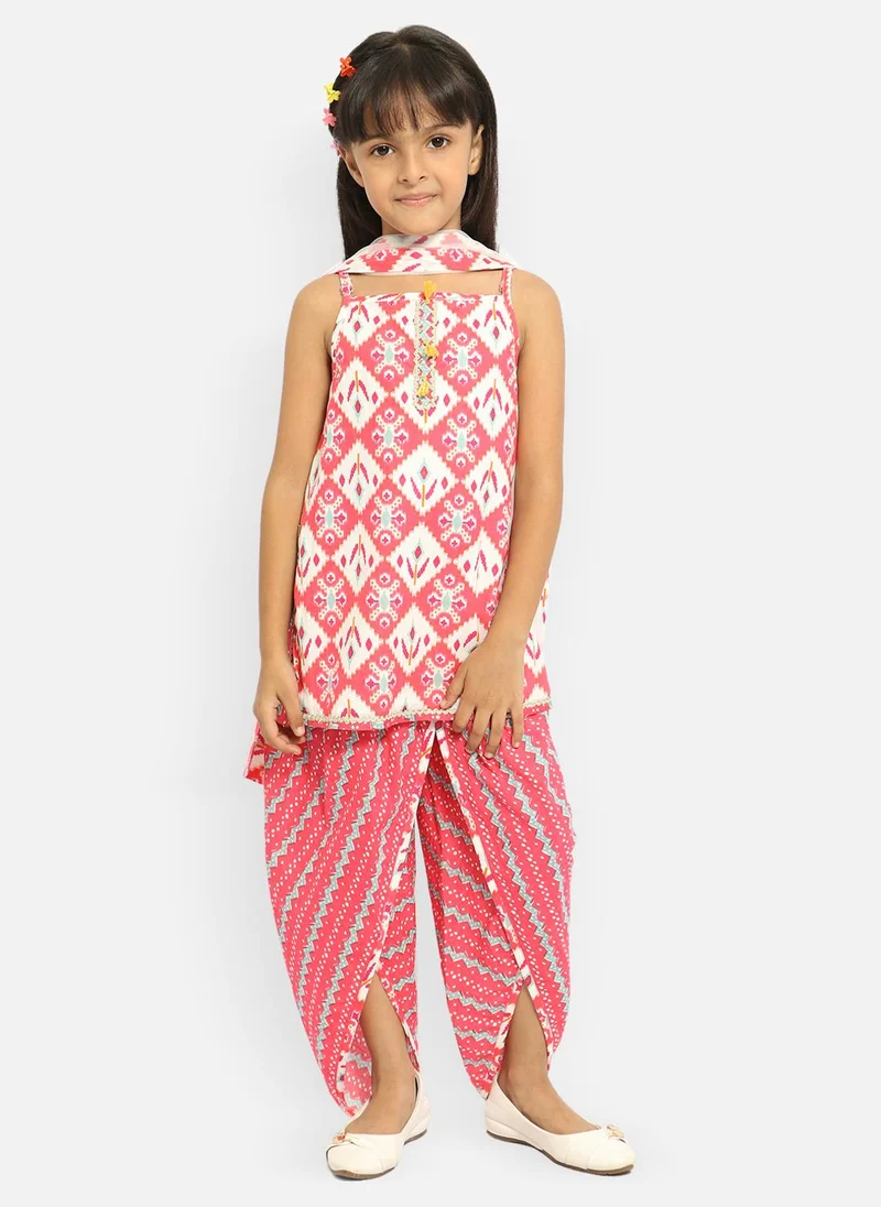 Nautinati Girls' 100% Cotton All-over Print Kurti With Dhoti Pants & Net Dupatta